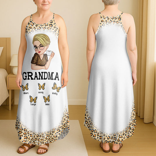 Mom Grandma Kids Butterflies Leopard Pattern - Personalized Maxi Dress