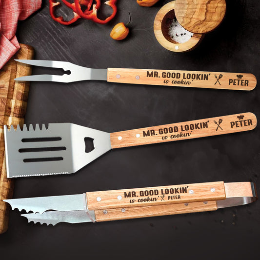 Mr. Good Lookin' Is Cookin' - Personalized BBQ Spatula Or Tool set