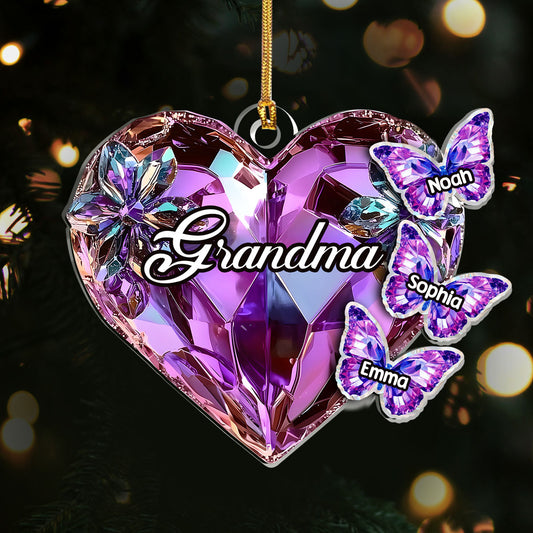 Grandma Mom Crystal Heart And Butterflies - Personalized 1-Layer Acrylic Ornament