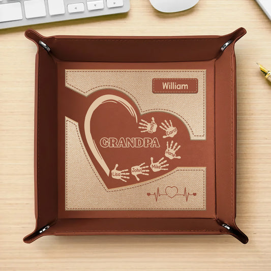 Grandpa Dad And Kids Handprints - Personalized Leather Valet Tray