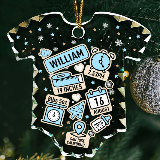 Baby First Christmas Birth Index - Personalized Onesie Shaped Glass Ornament