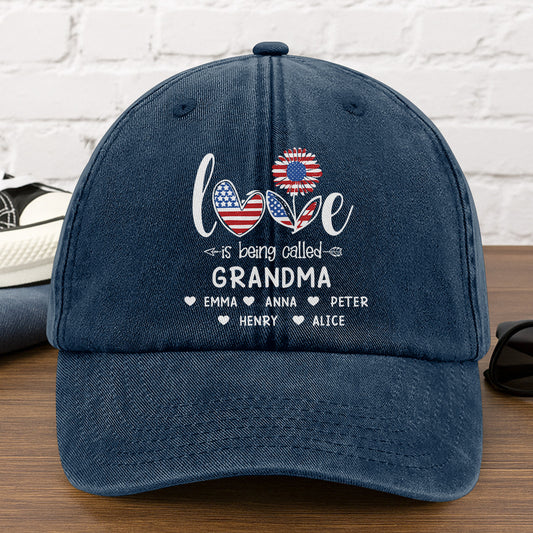 Love Is Being Called Grandma - Personalized Vintage Washed Denim Cap
