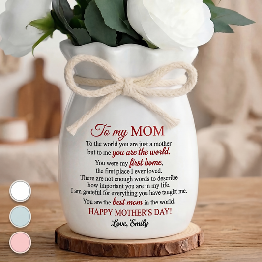 The Best Mom In The World - Personalized Flower Vase With Ribbon