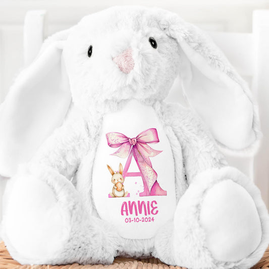 Pink Bow Initial Cute Blush - Personalized Stuffed Bunny