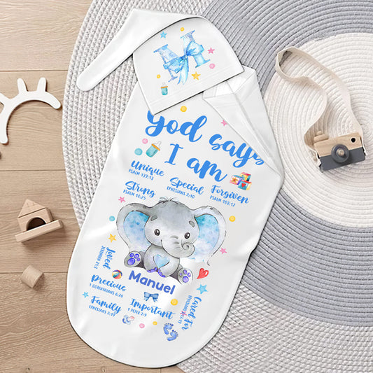 God Says I Am  - Personalized Swaddle And Knot Hat Set
