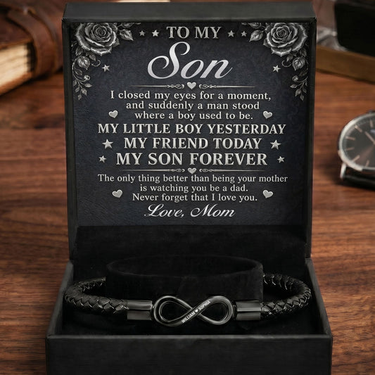 Never Forget That I Love You - Personalized Men's Infinity Bracelet With Gift Box & Card