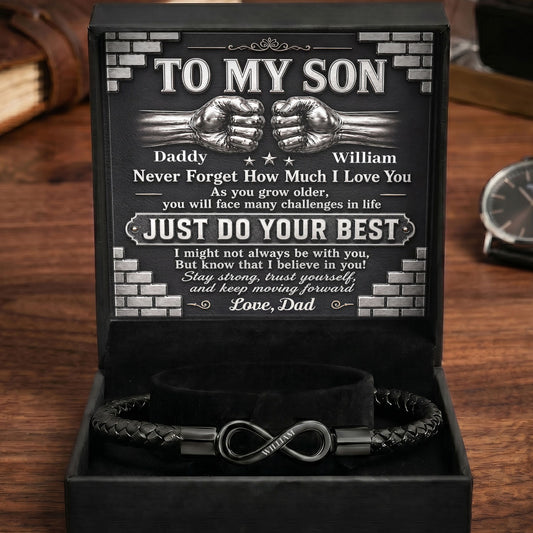 To My Son I Will Always Be There Forever - Personalized Men's Infinity Bracelet With Gift Box & Card