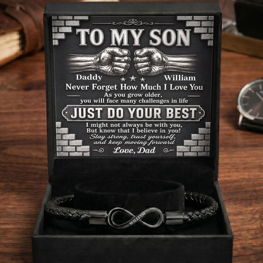 To My Son I Will Always Be There Forever - Personalized Men's Infinity Bracelet With Gift Box & Card