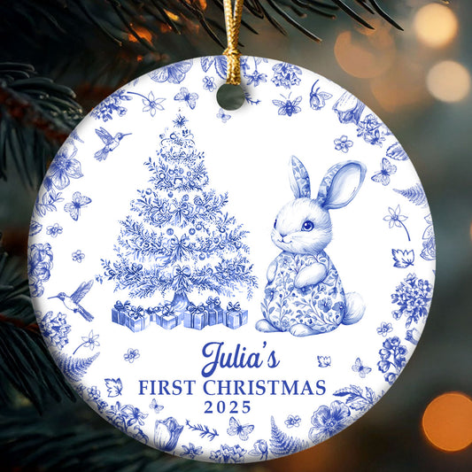 Baby's First Christmas Toile De Jouy - Personalized Round Shaped Ceramic Ornament