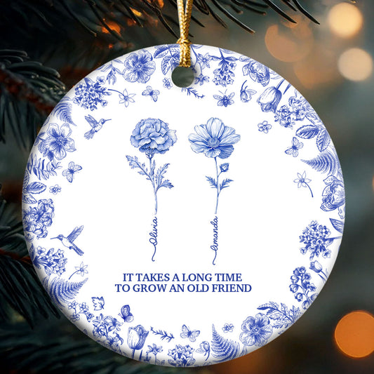 Toile De Jouy Friendship Birth Month Flower - Personalized Round Shaped Ceramic Ornament