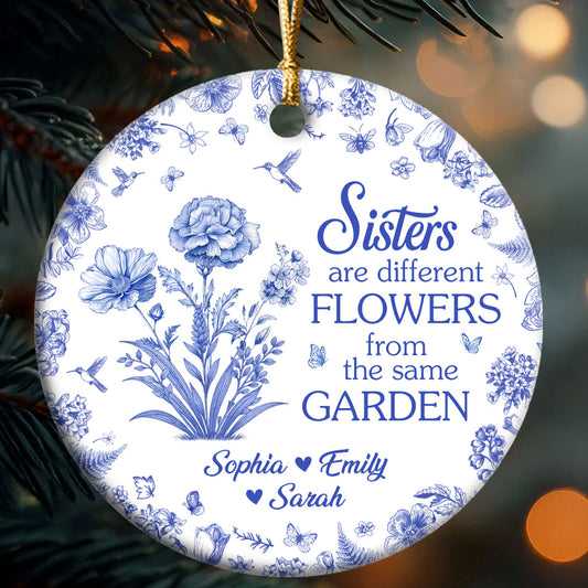 Sister Are Different Flowers Toile De Jouy - Personalized Round Shaped Ceramic Ornament