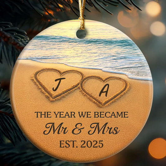 Our Happily Ever After, Set In Sand - Personalized Round Shaped Ceramic Ornament