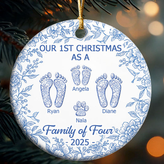 First Christmas As A Family Of Four Toile Footprints - Personalized Round Shaped Ceramic Ornament