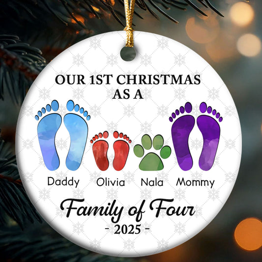 First Christmas As A Family Of Four Footprints - Personalized Round Shaped Ceramic Ornament