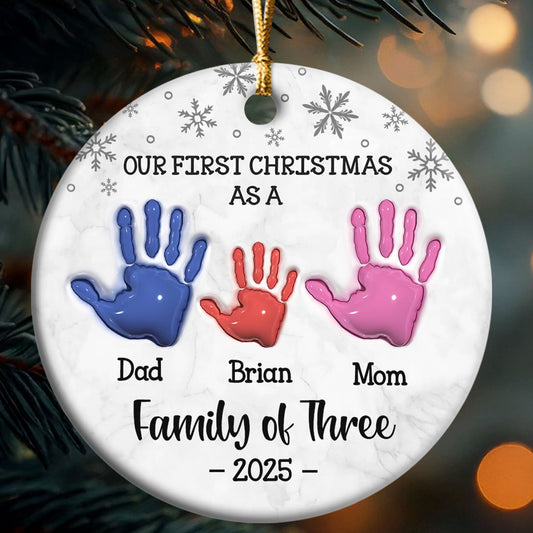 First Christmas As A Family Of Three Handprints - Personalized Round Shaped Ceramic Ornament