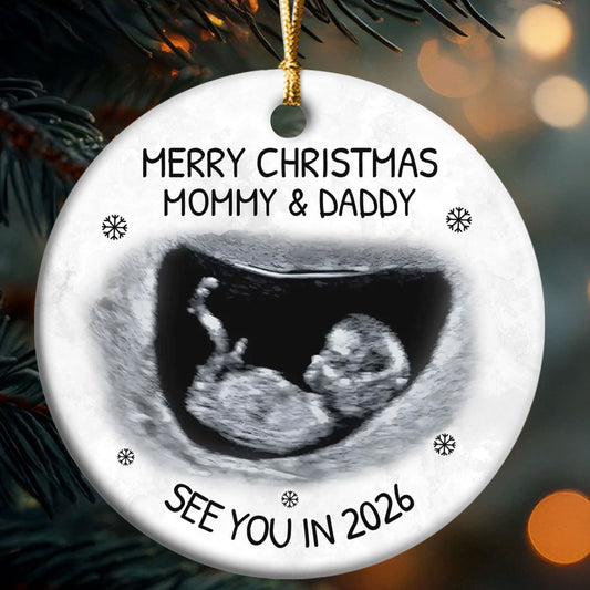 Custom Photo Baby Expecting See You In 2026 - Personalized Round Shaped Ceramic Ornament