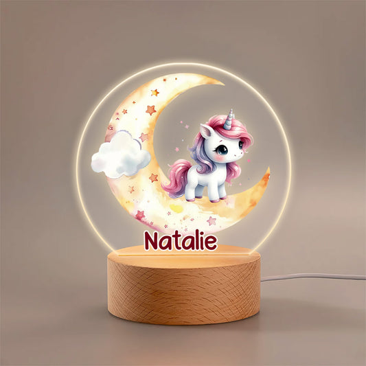 Fantasy Unicorn Dreamy Moon - Personalized Round Base LED Night Light