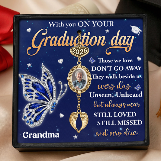 With You On Your Graduation - Personalized Graduation Tassel Photo Charm With Angel Wing