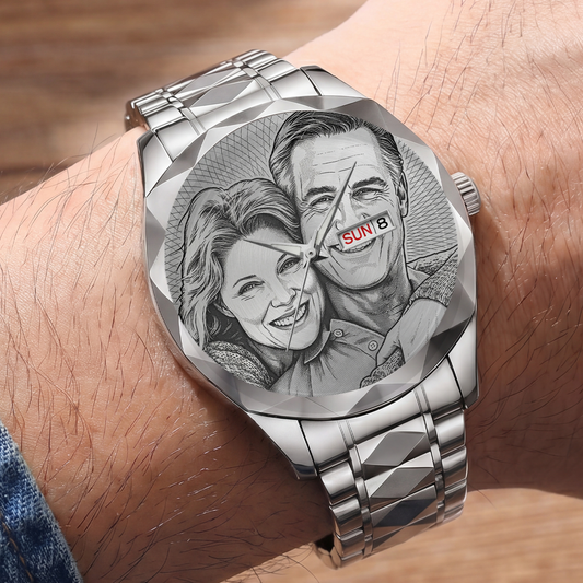 Custom Photo Husband Wife Couple Anniversary Gift - Personalized Men's Wrist Watch