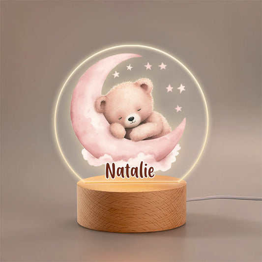 Moon Star Teddy Bear - Personalized Round Base LED Night Light