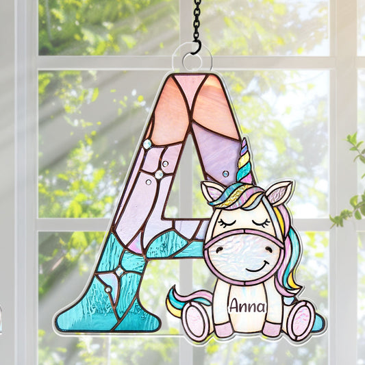 Custom Name Unicorn Alphabet Stained Glass For Kids - Personalized Acrylic Suncatcher