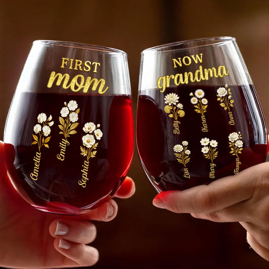 First Mom Now Grandma Golden Birth Month Flower - Personalized Stemless Wine Glass