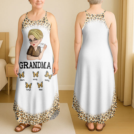 Mom Grandma Kids Butterflies Leopard Pattern - Personalized Maxi Dress