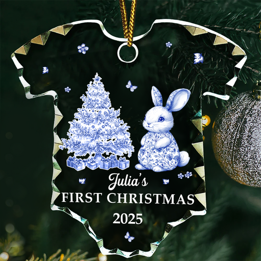 Cute Animal Baby's First Christmas - Personalized Onesie Shaped Glass Ornament