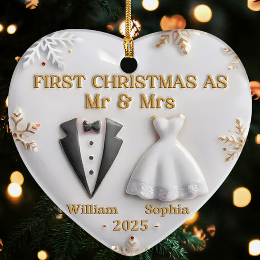 First Christmas As Mr & Mrs - Personalized Heart Shaped Ceramic Ornament