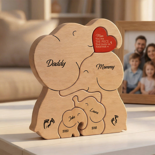 Mom You Are The Piece That Holds Us Together - Personalized Elephant Family Wooden Puzzle