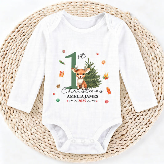Cute Reindeer First Christmas - Personalized Long Sleeve Baby Onesie