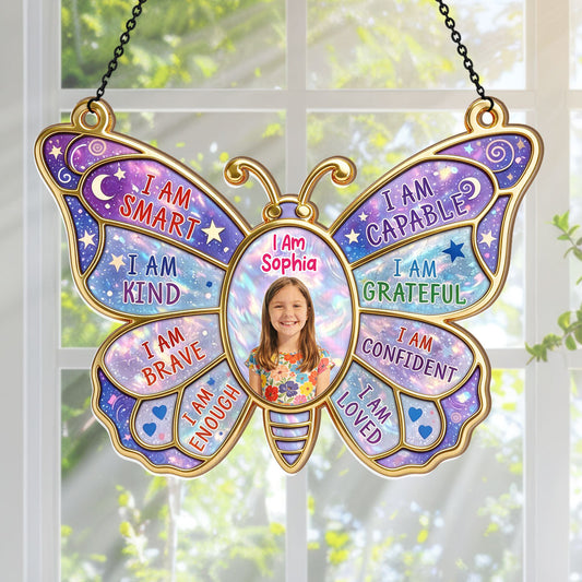Upload Photo I Am Smart Kind Brave Butterfly  - Personalized Acrylic Suncatcher