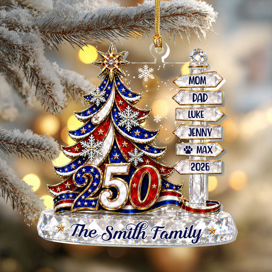 Family Signpost Custom Name Patriotic Christmas Tree 250  - Personalized 1-Layer Acrylic Ornament
