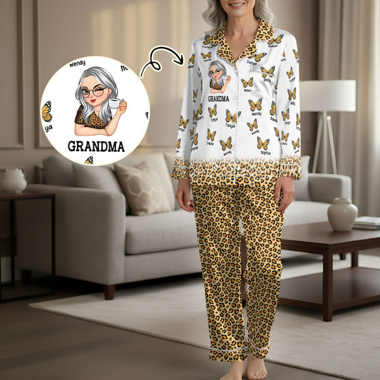 Mom Grandma Kids Butterflies Leopard Pattern - Personalized Satin PJM Set