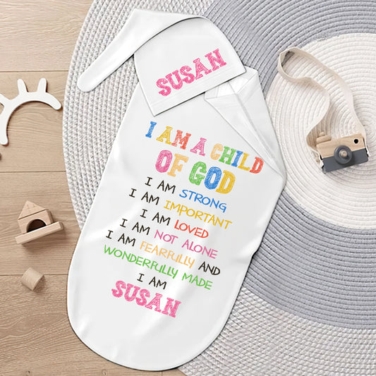 I Am A Child Of God - Personalized Swaddle And Knot Hat Set