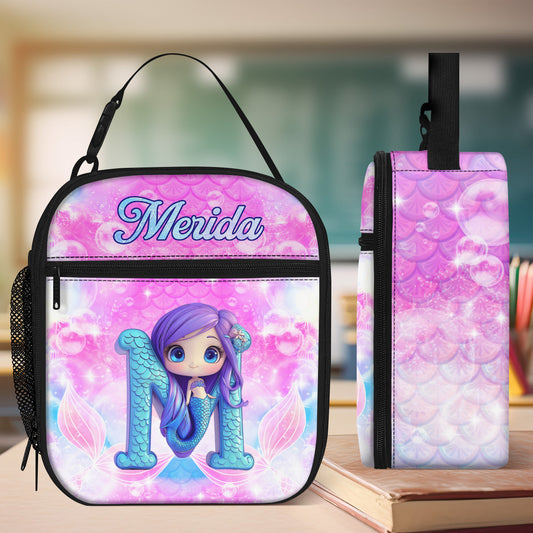 Construction Vehicles And Mermaid Kid's Name - Personalized Lunch Bag