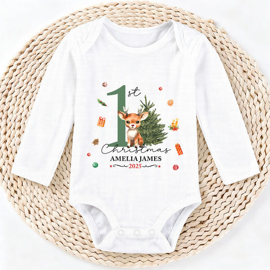 Cute Reindeer First Christmas - Personalized Long Sleeve Baby Onesie