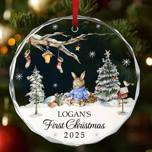 Bunny Baby's First Christmas - Personalized Round Shaped Glass Ornament