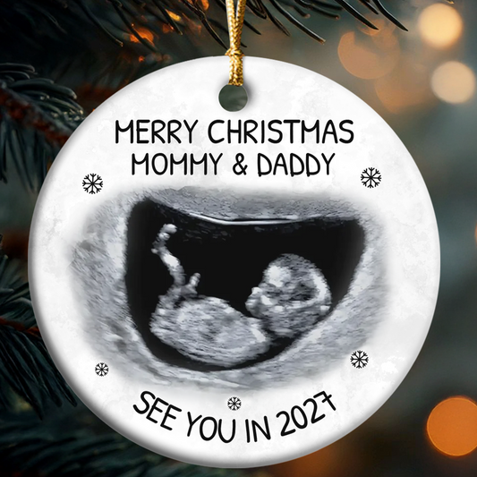 Custom Photo Baby Expecting See You In 2027 - Personalized Round Shaped Ceramic Ornament