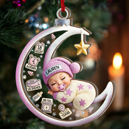 Baby Sleeping On The Moon - Personalized 2-Layered Wooden & Acrylic Ornament