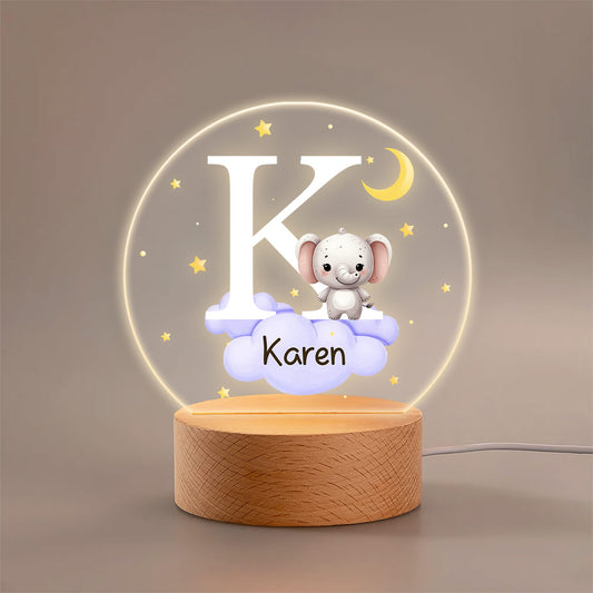 Fantasy Star Cloud Animal Initial Name - Personalized Round Base LED Night Light