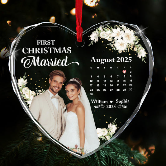 First Christmas Married - Personalized Heart Shaped Glass Ornament