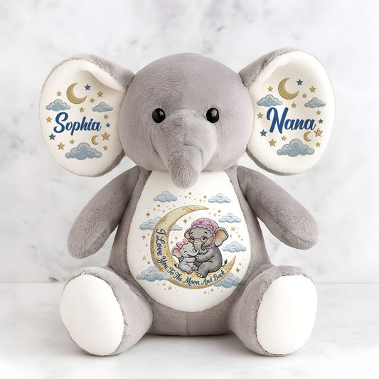 I Love You To The Moon And Back Embroidery - Personalized Stuffed Elephant