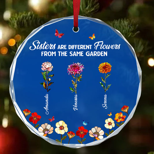 Sisters We Are Flowers Stained Glass - Personalized Round Shaped Glass Ornament
