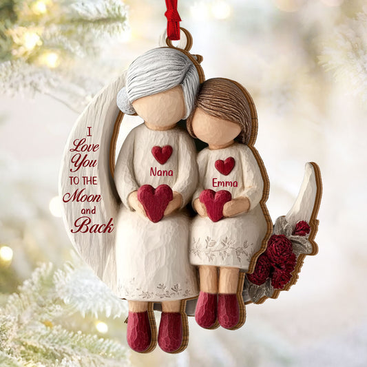 Grandma And Grandchild Moon Love - Personalized 2-Layered Wooden Ornament